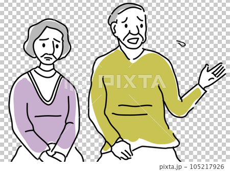 A simple line drawing of a senior couple who consults with a troubled expression 105217926
