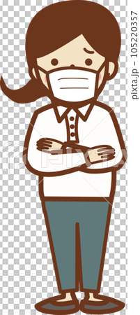 A woman in work clothes with a troubled face wearing a mask A woman in work clothes with a troubled face wearing a mask 105220357