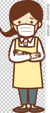 A woman in an apron with a troubled face wearing a mask A woman in an apron with a troubled face wearing a mask 105220358