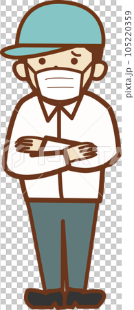 A man in work clothes with a troubled face wearing a mask. A man in work clothes with a troubled face wearing a mask. 105220359