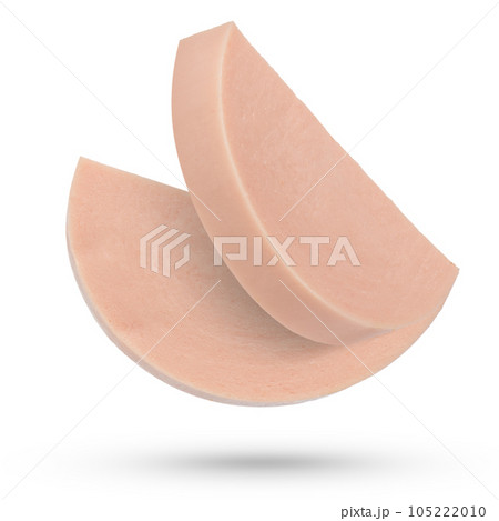 Slices of boiled chicken sausage on a white isolated background. The texture of slices of boiled diet sausage casts a shadow close-up on a white background. Fresh chicken sausage. Slices of boiled chicken sausage on a white isolated background. The texture of slices of boiled diet sausage casts a shadow close-up on a white background. Fresh chicken sausage. 105222010