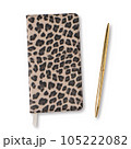 Notebook with leopard print and golden pen. Photo of stylish stationery isolated on white 105222082