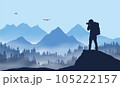 Realistic silhouette of a photographer photographing a forest with treetops and a mountain in a foggy haze. Blue sky with clouds,  vector 105222157