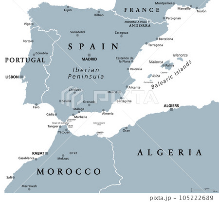 West Mediterranean, gray political map. Iberian Peninsula, bordered by the North Atlantic and Mediterranean Sea, separated from Africa by the Strait of Gibraltar. Portugal, Spain and Balearic Islands. West Mediterranean, gray political map. Iberian Peninsula, bordered by the North Atlantic and Mediterranean Sea, separated from Africa by the Strait of Gibraltar. Portugal, Spain and Balearic Islands. 105222689