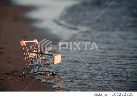 An empty miniature shopping basket, on the shore washed by water. Summer sale concept. 105222826