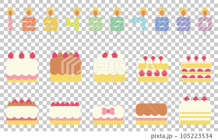 デコレーションケーキと数字蝋燭のセット縁なし 105223534