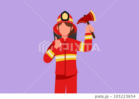 Cartoon flat style drawing female firefighter in complete uniform holding glass breaking axe with thumbs up gesture prepare to put out fire that burned the building. Graphic design vector illustration 105223654
