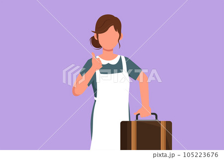Cartoon flat style drawing maid in hotel holding suitcase with thumbs up gesture. Work deftly to clean and prepare sheet bed in hotel room with professional manner. Graphic design vector illustration 105223676