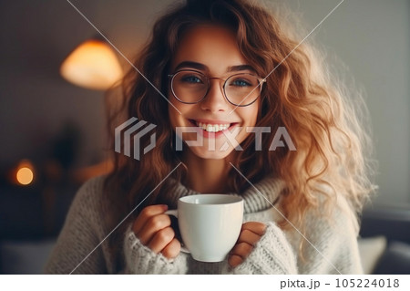 Portrait of joyful young woman enjoying a cup of coffee at home. Generative AI Portrait of joyful young woman enjoying a cup of coffee at home. Generative AI 105224018
