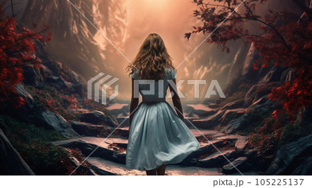 Rear view of a woman walking through a fairy...のイラスト素材 [105225137] - PIXTA