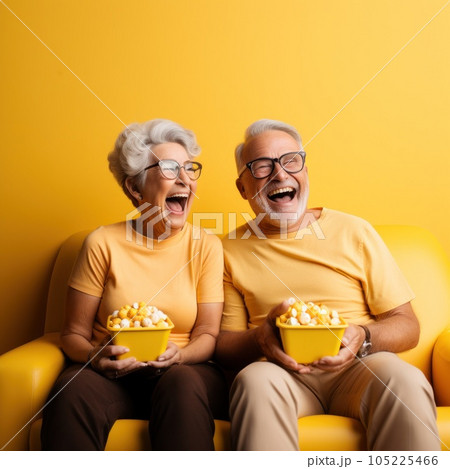Happy old couple on yellow background. Happy old couple on yellow background. 105225466