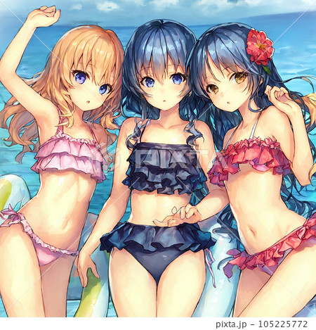 海 海辺 海水浴 女の子 女子 水着 ビーチのイラスト素材 [105225772