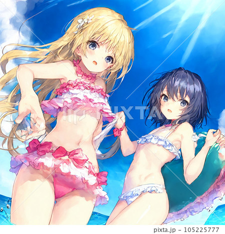 海 海辺 海水浴 女の子 女子 水着 ビーチのイラスト素材 [105225777