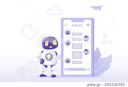 Artificial Intelligence (AI) technology concept. Talking, chatting, texting between AI robot and human with natural language on mobile application. Flat vector design illustration. Artificial Intelligence (AI) technology concept. Talking, chatting, texting between AI robot and human with natural language on mobile application. Flat vector design illustration. 105226783