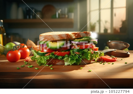 Vegetarian sandwich with slices tomatoes, avocado, lettuce, onions on the kitchen table illuminated by morning light from the window. Quick delicious healthy breakfast. Generative AI 105227794