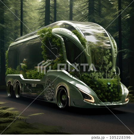 Truck. Ecological concept. Truck made of green vegetation in the forest Truck. Ecological concept. Truck made of green vegetation in the forest 105228396