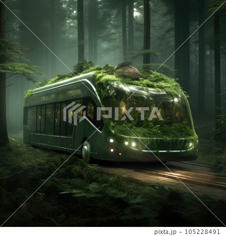 Bus. Ecological concept. Bus made of green vegetation in the forest 105228491