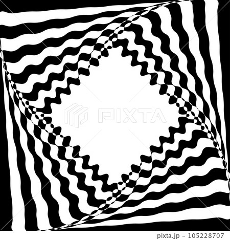 Abstract twisted black and white background. Optical illusion of distorted surface. Twisted stripes. Stylized 3d frame. Vector illustration. Great for wall art, poster, banner, web. Abstract twisted black and white background. Optical illusion of distorted surface. Twisted stripes. Stylized 3d frame. Vector illustration. Great for wall art, poster, banner, web. 105228707