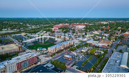 Aerial baseball diamond Fort Wayne Tin Caps Parkview Field cityscape city, town, and train 105229301