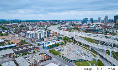 Aerial skateboard park graffiti with criss crossing suspended highway roads downtown Louisville Aerial skateboard park graffiti with criss crossing suspended highway roads downtown Louisville 105229430