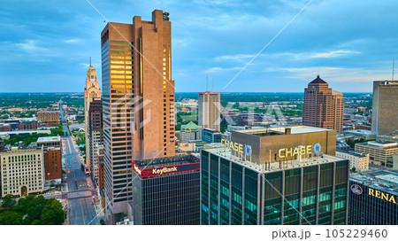 Chase and KeyBank buildings downtown Columbus Ohio with other skyscrapers at sunrise aerial 105229460