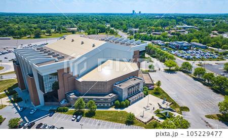 Allen Country War Memorial Coliseum aerial over war memorial with distant Fort Wayne city buildings Allen Country War Memorial Coliseum aerial over war memorial with distant Fort Wayne city buildings 105229477