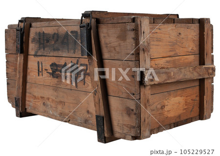 Army ammunition wooden crate. Text in russian - type of ammunition, projectile caliber, projectile type, number of pieces and weight. 105229527