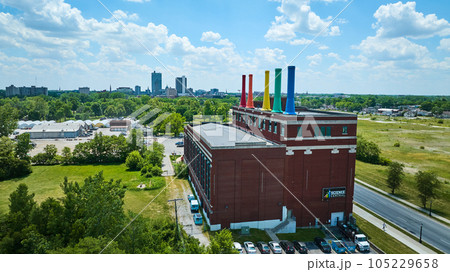 Science Central repurposed electricity power plant with rainbow smokestacks aerial Fort Wayne Science Central repurposed electricity power plant with rainbow smokestacks aerial Fort Wayne 105229658