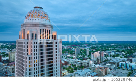 Downtown Louisville Kentucky skyscraper aerial dawn lights on dome building 105229746