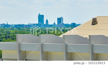 Allen County War Memorial Coliseum roof aerial with downtown Fort Wayne skyscraper background Allen County War Memorial Coliseum roof aerial with downtown Fort Wayne skyscraper background 105229923