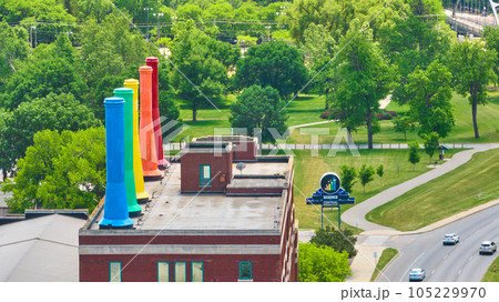 Science Central entrance sign with painted rainbow smokestacks on room aerial 105229970