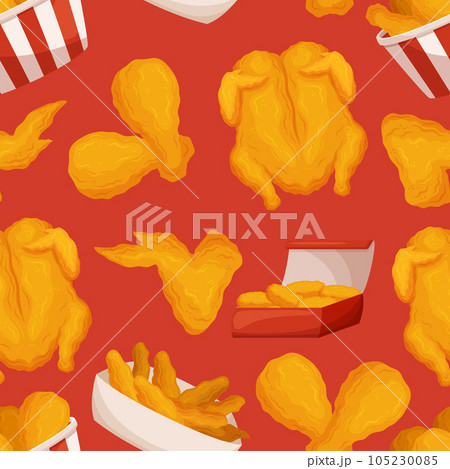 Seamless Pattern with Mouthwatering Fried Chicken Fast Food Motifs Arranged In A Continuous Design, Vector Illustration Seamless Pattern with Mouthwatering Fried Chicken Fast Food Motifs Arranged In A Continuous Design, Vector Illustration 105230085