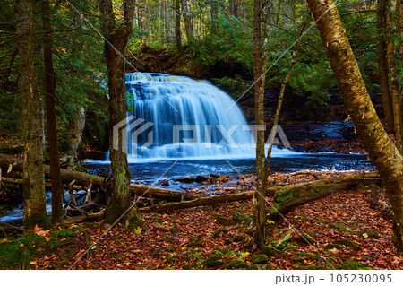 Gorgeous large blue waterfall and river with cliff walls, forest, fallen leaves and trees, clearing 105230095