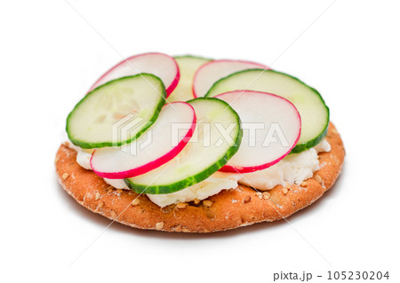 Crispy Cracker Sandwich with Cream Cheese, Fresh Cucumber and Radish Crispy Cracker Sandwich with Cream Cheese, Fresh Cucumber and Radish 105230204
