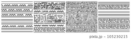 set of Egypt theme seamless patterns. Black white vector hand drawn group of prints with symbols like hieroglyphs 105230215