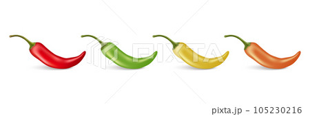 Vector 3d Realistic Red Whole Fresh and Hot Chili Pepper Closeup Isolated. Spicy Chili Hot or Bell Pepper Design Template. Front View. Vector Illustration 105230216