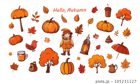 Vector set of fall pictures: doll in autumn outfit, leaves, cozy lantern, cup, teapot, orange trees, umbrella, bag, bird. Collection of scrapbook elements of autumn season. Fall postcard. Vector Vector set of fall pictures: doll in autumn outfit, leaves, cozy lantern, cup, teapot, orange trees, umbrella, bag, bird. Collection of scrapbook elements of autumn season. Fall postcard. Vector 105231127