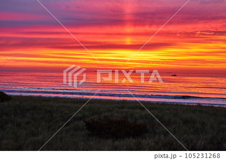 Golden light of sunrise on east coast beach with waves crashing and fishing ship in distance Golden light of sunrise on east coast beach with waves crashing and fishing ship in distance 105231268