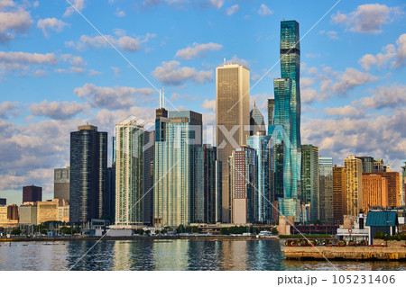 Skyline view from lake in Chicago of large buildings Skyline view from lake in Chicago of large buildings 105231406