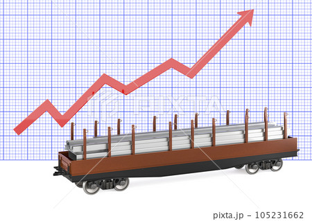 Railroad car with stack of rolled metal products with growing chart, 3D rendering 105231662