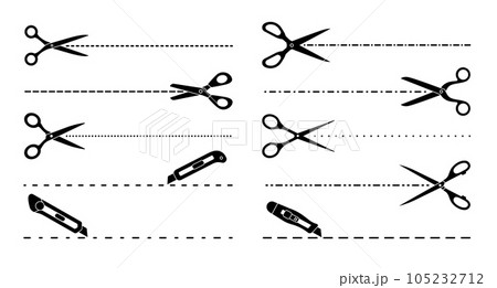 Cut lines, scissors, utility knife cutting lines Cut lines, scissors, utility knife cutting lines 105232712