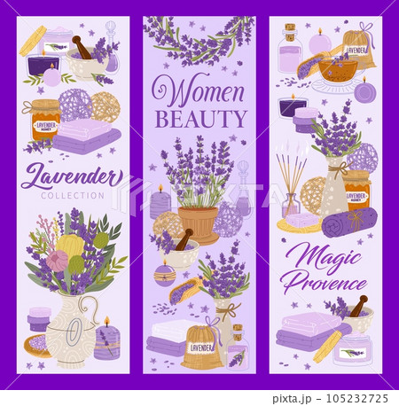 Lavender cosmetics vector banners, Provence cards Lavender cosmetics vector banners, Provence cards 105232725