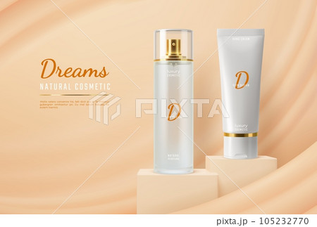 Cosmetics cream, perfume mockup on beige podium 105232770