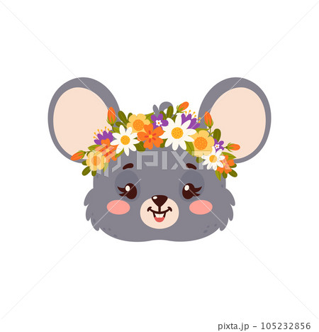 Mouse cute animal with flower crown, cartoon face 105232856