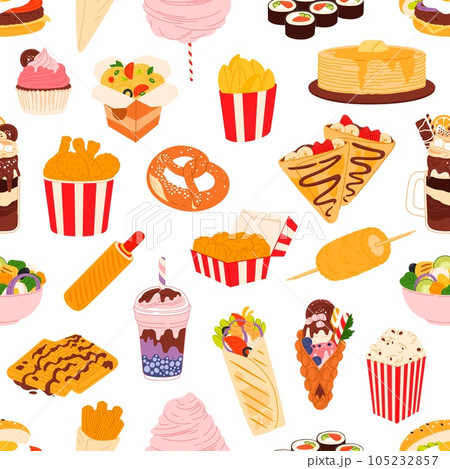 Fast food seamless pattern, pizza, burgers, drinks 105232857