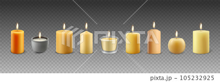 Vector 3d Realistic Different Paraffin Wax Burning Party, Spa Candles Set with Flame of a Candle, Isolated. Candle Design Template Collection, Front View 105232925
