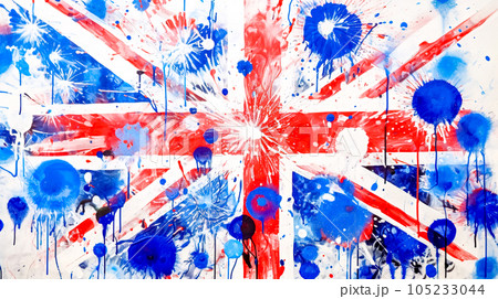 uk, creative background with the shapes and colors of the British flag drawn in watercolor, made with Generative AI 105233044