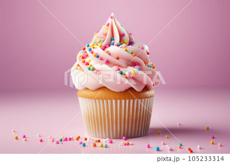 Tasty baking cupcake or muffin with cream icing, frosting, bright colored sprinkles. Generative AI 105233314