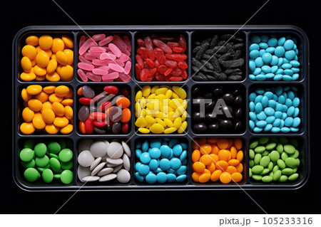 Mix of candies in box. Marshmallows, candies, dragee, fruit jelly. Top view flat lay. Generative AI 105233316