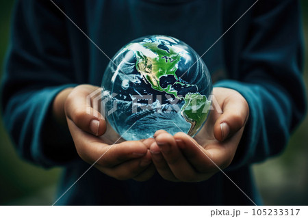 Childs hands holding earth global over blurred background. Generative AI 105233317